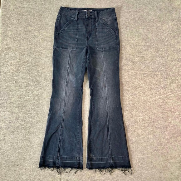 SO Denim - Faded Black High Rise Flare Jeans SO 13/31W Raw Hem Patch Pocket Retro Boho